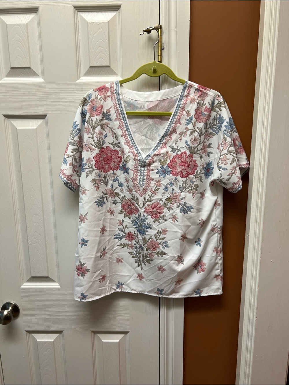 Floral Embroidered V-Neck Cotton Top - White with Pink & Blue